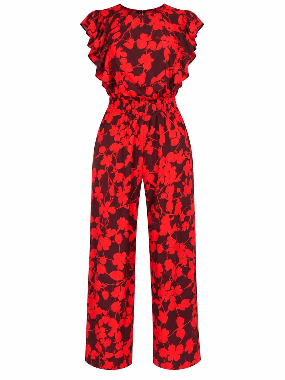 Cynthia Steffe Red Black Floral Chiffon Smocked Ruffle Wide Leg Jumpsuit Size M
